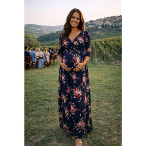 Mother Bee Navy Floral Maxi Maternity Dress Wedding Guest Baby Shower Event Boho